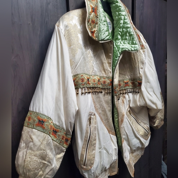 Gallery Jackets & Blazers - 90s Farm Rio Style Puffer Jacket Cream & Gold Boho Bomber Vintage Otello Pelle